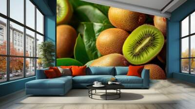 A close-up of market-ready kiwifruits (Actinidia deliciosa), with their fuzzy brown skins and green interiors Wall mural