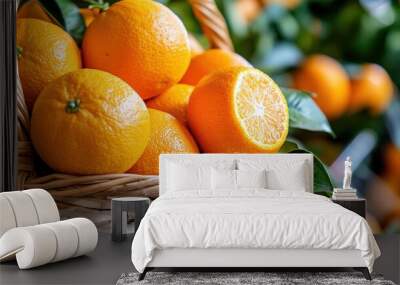 A close-up of ripe, juicy oranges (Citrus sinensis) in a market basket, perfect for a refreshing snack Wall mural