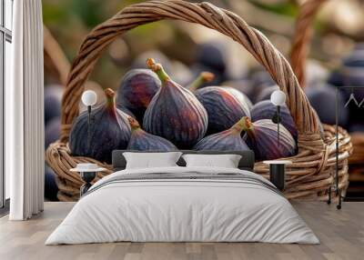 A close-up of ripe figs (Ficus carica) in a rustic basket, ideal for market sale Wall mural