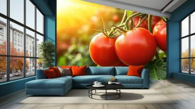 A close-up of ripe tomatoes (Solanum lycopersicum) on the vine, glowing red in a sunny field Wall mural