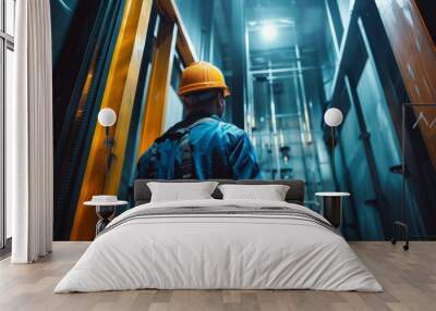 A construction worker looking up at an elevator shaft Wall mural