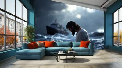 A depiction of Jesus Christ calming a stormy sea, with a modern-day ship in the background Wall mural