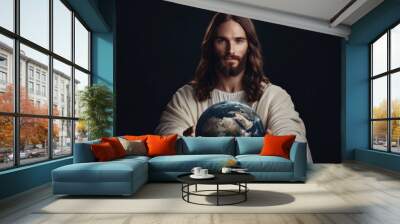 A depiction of Jesus Christ holding the Earth in His hands, with a peaceful expression Wall mural