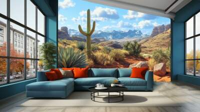 A desert ecosystem with cacti, lizards, and hardy shrubs, showcasing survival strategies in harsh environments Wall mural