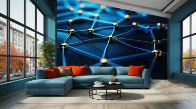 A digital network with blue glowing connections on a dark background, symbolizing connectivity. Wall mural