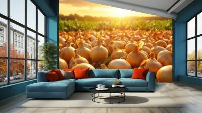 A field of market-ready onions (Allium cepa), with their golden skins glistening in the sun Wall mural