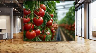 A field of ripe market-ready tomatoes (Solanum lycopersicum) growing on the vine Wall mural