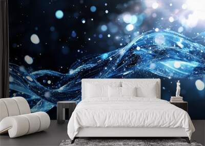 A flowing blue digital stream with particles and light flares, creating a dynamic background. Wall mural