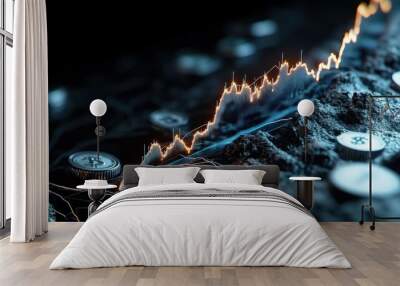 A glowing ascent graph of currency increase in night mode, with clear markers, illustrates financial growth in the economic business finance investment risk sector. Wall mural