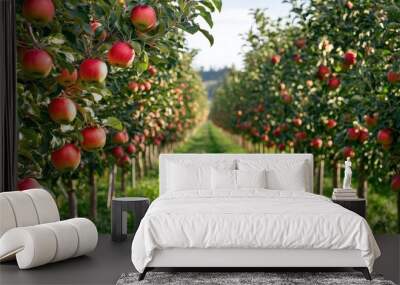 A grove of market-ready apple trees (Malus domestica), with ripe fruit ready for picking Wall mural