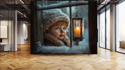 A little boy in winter looks out the window of an old wooden house, with snow on her head and a fur hat, gazing at the outside through frosted glass. And lit candle Wall mural