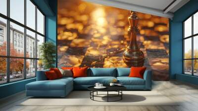 A lone chess piece, bathed in a dramatic spotlight, stands triumphantly on the opposite side of the board, symbolizing strategic mastery and the achievement of victory. Wall mural