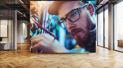 A male network engineer wearing glasses is working on a server in a data center. Wall mural