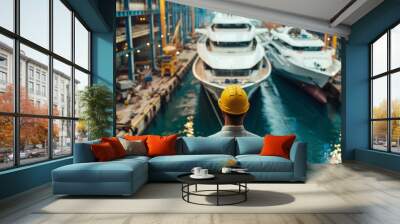 A man in a hard hat looks out at two yachts under construction in a shipyard. Wall mural