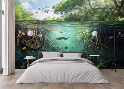 A mangrove forest with roots submerged in water, home to anaconda snake , fish, birds, and crustaceans, illustrating a coastal ecosystem Wall mural