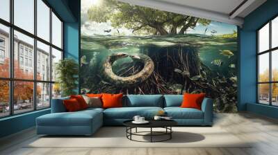 A mangrove forest with roots submerged in water, home to anaconda snake , fish, birds, and crustaceans, illustrating a coastal ecosystem Wall mural