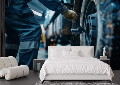 A mechanic in blue uniform is changing a truck wheel with a wrench. Wall mural