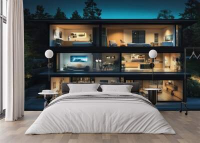 A modern home. rooms inside the house A full-body cutaway showing different rooms inside the house, each room featuring smart technology features Wall mural