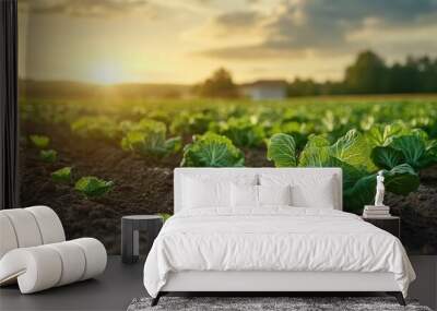 A row of green cabbage heads (Brassica oleracea) in the field, ready for harvesting Wall mural