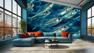 A school of fish moving in perfect synchronization, demonstrating collective behavior and predator avoidance Wall mural