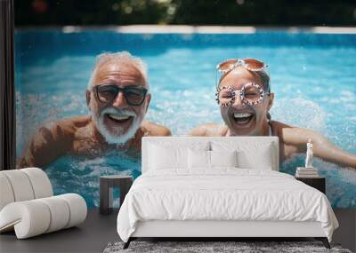 A smiling two man splash happily in a blue pool on a summer day seniors doing water exercises, Group of elder women at aqua gym session, joyful group of friends having aqua class in swimming  Wall mural