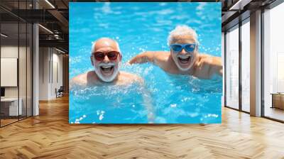 A smiling two man splash happily in a blue pool on a summer day seniors doing water exercises, Group of elder women at aqua gym session, joyful group of friends having aqua class in swimming  Wall mural