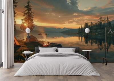 A tranquil lakeside campsite bathed in the warm glow of the setting sun, where two tents stand nestled amongst the trees and a crackling campfire casts dancing shadows on the water's edge. Wall mural