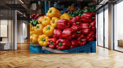 A vibrant display of red and yellow bell peppers (Capsicum annuum), adding color to the market stall Wall mural