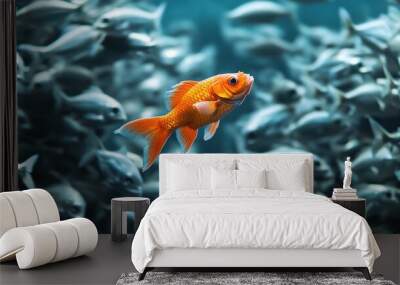 A vivid orange fish swimming upstream against a school of grey fish, showcasing individuality Wall mural