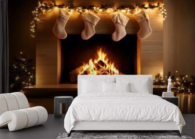 A warm fireplace glowing with stockings hanging above, with Christmas lights twinkling around the room Wall mural