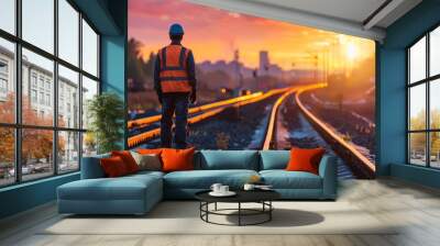 A worker in a hard hat and safety vest stands on a railway track, watching the sunset. Wall mural