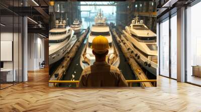 A worker wearing a yellow hard hat looks out at a large shipyard with three yachts under construction. Water transport industry, logistics ,Cruise ship production,Transportation ship production
 Wall mural