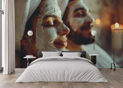 A young couple is relaxing in a spa. They are both wearing white towels and have white facial masks on. The woman is resting her head on the man's shoulder. Wall mural