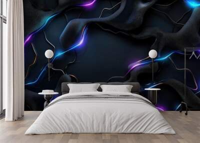 AI tech design with neon blue and purple digital pathways, glowing nodes on a dark background Wall mural