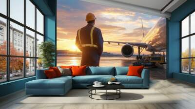 Aircraft engineer in uniform inspecting a jet engine on a large commercial airplane at an airport, tools and equipment visible, focused on safety and precision, sunset lighting in the background Wall mural