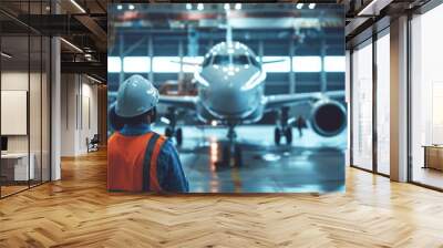 An aircraft maintenance engineer looking at a wide-body aircraft in a hangar Wall mural