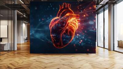 An illustration of a human heart with a blue background and red and orange highlights. Wall mural