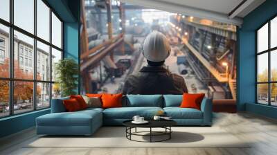 An industrial worker wearing a hard hat is looking out over a large factory floor. Wall mural