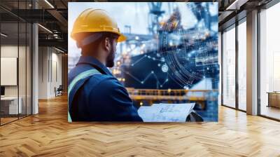 Blended image of worker wearing a hard hat a shipyard at ship with digital blueprints overlaying the scene Wall mural