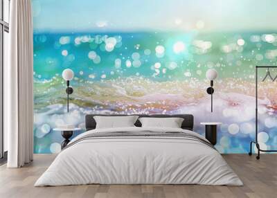 Bright summery background with blurred blue bokeh lights, perfect for summer holiday designs Abstract blur light on sea and ocean, clear water close up colorful background. Wall mural