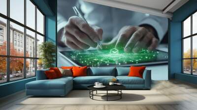 Businessman writes signing contract ,Holographic check mark green, designs, draws, or sketches projects through a tablet on the office desk. Hand concept of approval  Wall mural