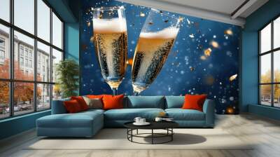 Champagne toast at midnight on New Year's Eve, with glasses raised and celebrations in full swing Wall mural