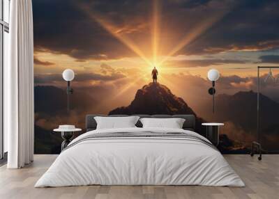 close up Jesus Christ standing on a mountain, overlooking the world below, with rays of light shining down Wall mural