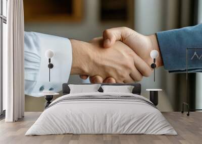 Close-up of a hand handing over a resume with a firm handshake, symbolizing a strong first impression Wall mural