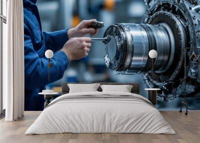 Close-up of an aircraft engineer's hands holding a wrench, tightening bolts on a turbine engine in a modern, clean workshop Wall mural