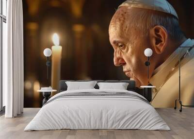 Close-up of the Popes face, softly lit by the glow of an altar candle Wall mural