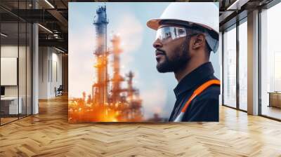 Double exposure of a worker in a hard hat with refinery towers in the background Wall mural