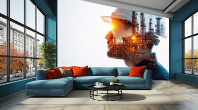 Double exposure of a worker in a hard hat with refinery towers in the background Wall mural