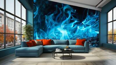 embers from a blue fire ,Fire blue flames on black background. Fire embers particles over black background. Fire sparks background.	 Wall mural