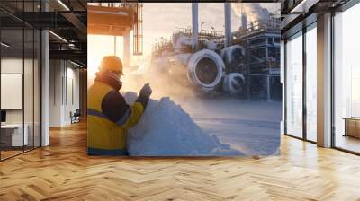 Engineer facing large industrial machinery covered in snow, with gentle winter sunlight casting long shadows Wall mural